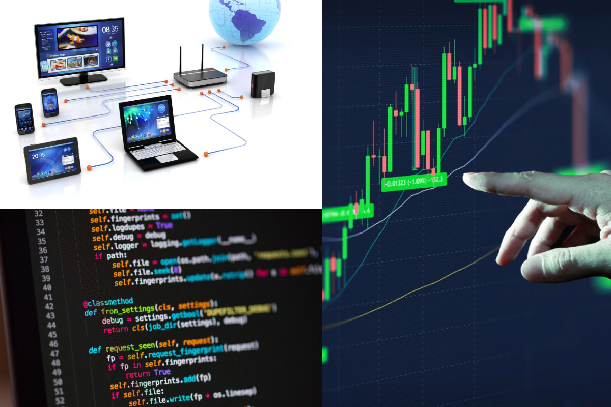 Collage of networking, trading charts, and code